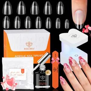 모델론 쇼트 아몬드 젤 네일 팁 키트 휴대용 U V 램프 216Pcs 12사이즈 사전 에칭 프레스 가짜 아크릴 연장