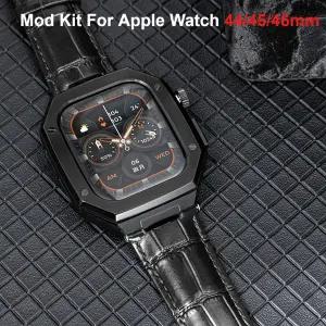 호환  메탈 케이스천연 가죽 스트랩 워치 밴드 44mm 45mm 46mm 브레이슬릿 iwatch SE3 SE2 SE 4 5 6 7 8 9