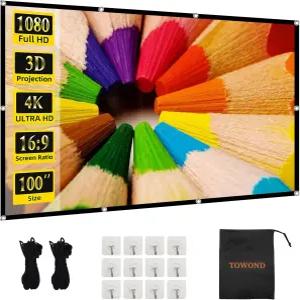 TOWOND 프로젝터 스크린 100인치 프로젝션 실내 실외 세척 가능 주름 방지 홈 시어터 오피스용 16 9 HD