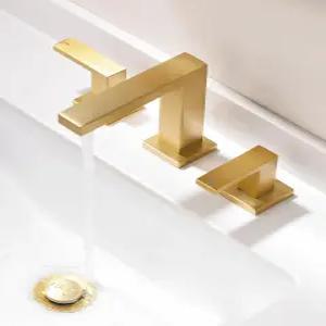 인데어 브러시드 골드 욕실 수도꼭지 배니티 3구 싱크 2핸들 팝업 배수구와 컵c 무연 호스가 있는 넓은