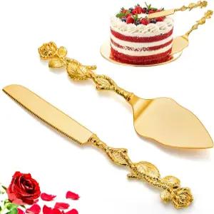 메찌 웨딩 케이크 나이프 및 서버 세트 결혼식용 골드 커팅 생일 파티 기념일 파이 피자용 빈티지 로즈