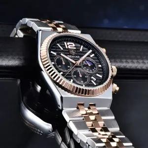 호환  BENYAR 크로노그래프 40mm 남성용 시계 스테인리스 방수 쿼츠 손목시계 탑 사파이어 글라스 선용 남