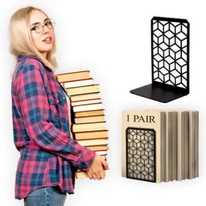 Geomod 3D 큐브 블랙 메탈 북엔드 무거운 책을 위한 장식용 - 튼튼한 보호 북 스톱 최소한의 책꽂이 스토퍼