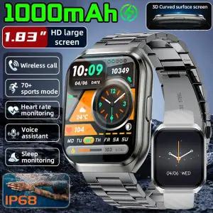 호환  LIGE 밀리터리 등급 1000mAh 배터리 스마트워치 IP68 방수 블루투스 통화 1.83인치 HD 남성 스포츠