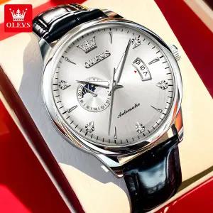 호환  OLEVS 캐주얼 남성용 시계 고경도 곡면 거울 가죽 스트랩 자동 식 손목시계 문 페이즈