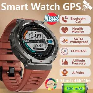 호환  2025 군용 GPS 방수 스마트워치 1.43인치 HD AMOLED 내장 6주파수 위성 야외 스포츠 피트니스 스마트