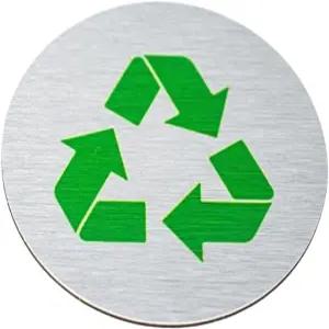 2 원형 금속 재활용 표지판 쓰레기통 마커 바구니 녹색 심볼이 있는 브러시드 실버 알루미늄 지속 가능성