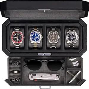발렛 서랍이 있는 ROTHWELL 4 슬롯 가죽 시계 상자 럭셔리 케이스 디스플레이 주얼리 정리함 리얼 글래스