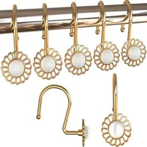 Lewondr 욕실 샤워봉 플라워 펄 황동 골드를 위한 12개의 헤비 듀티 금속 장식 커튼 링 빈티지 방청 후크