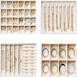 벨벳 주얼리 서랍 정리함 트레이 - 4겹 쌓을 수 있는 보관 인서트 세트 귀걸이 반지 목걸이용 베이지 및