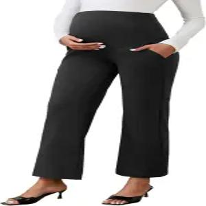 마리 가브리엘 여성용 와이드 레그 임산부 바지 배 위의 신축성 있는 임신 주머니 포함