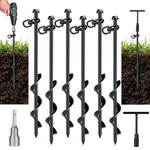 FAURIMMER 6팩 지상 앵커 헤비 듀티 지구 앵커, T 핸들 육각 렌치 및 파워 너트 드라이버, 스윙, 트램펄린, 텐트, 동물 보호를 위한 금속 말뚝 나사 삽입