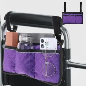 휠체어 사이드 백 암레스 방수 팔걸이 파우치(반사 스트라이프 포함) 정리용 가방 파우치 포켓 퍼플