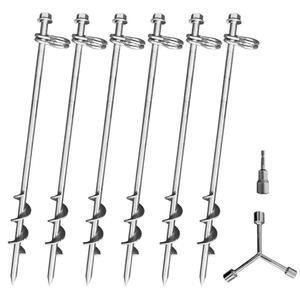 접지 앵커 나사 고정 - 16인치 6개 세트 텐트 스테이크스 헤비 듀티 더블 임의 방향 아연 도금 키트 스윙 및 트램펄린 고풍력 고체 금속 육각 헤드 개 타이 아웃 스테이크 (6)