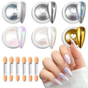 6가지 색상 크롬 네일 파우더 골드 실버 슈퍼 메탈릭 효과 홀로그램 미러 글리터 화이트 안료 먼지 키트 폴리쉬 아트 장식 매니큐어 용품