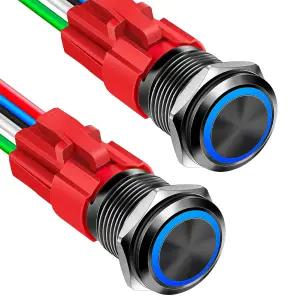 2PCS 16mm 래칭 푸시 버튼 스위치 와이어 소켓 플러그로 12V DC 켜짐 자체 잠금 LED 엔젤 헤드가 있는 전원
