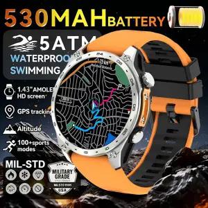 호환  2026 군용 TREX-3 530mAh 배터리 스마트 시계 1.43인치 화면 5ATM 방수 GPS 고도계 블루투스 통화 남