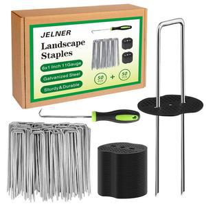 젤너 가든 스테이크스, 6인치 11게이지 50개 아연 도금 조경 스테이플 + 개스킷 1픽 후크, 텐트 스테이크스 조경용 패브릭 SOD 핀, 잔디 커버, 펜스