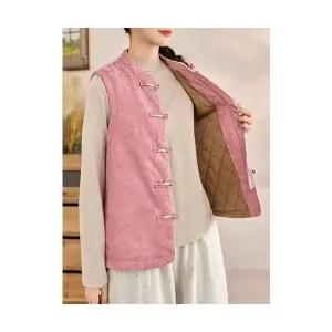 여성 트렌디 아이템 조끼 패딩 가을겨울 실크 버클 스탠드카라 빈티지 면 민소매 톱 HT4