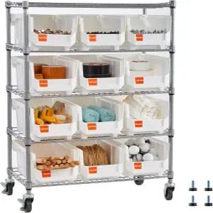 VEVOR 5단 롤링 빈 보관 랙 12개의 정리함 바퀴가 달린 보관함 강철 와이어 선반 시스템 차고 창고 사무실