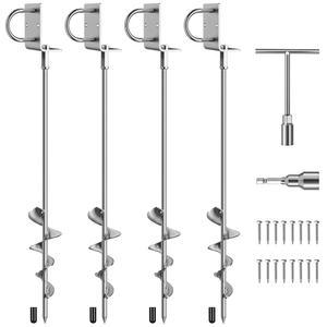 포픽 28인치 다목적 그라운드 앵커 나사 삽입, 4팩 완전 용접 헤비 듀티 트램펄린 스테이킹, 브래킷, T-렌치 및 드릴용 어댑터, 이동식 주택용 어스 키트, 트램펄린, 창고