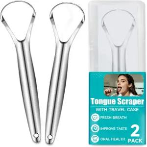 EZ COZY 혀 클리너 2개입 구취 감소 휴대용 케이스 포함 세정기 스테인리스 스틸 스크레이퍼 브러쉬 구강