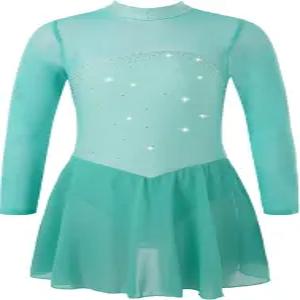 칙트리 유스 걸스 메시 스플라이스 긴 소매 라인스톤 피겨 스케이팅 드레스 발레 투투 레오타드