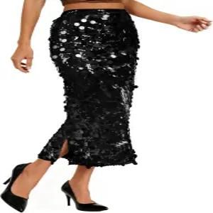 여성용 JASGOOD 퀸 스커트 신축성 높은 허리 미디 사이드 슬릿 있는 스파클 나이트 아웃 칵테일 파티용