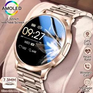 호환   초박형 스마트 시계 여성 심박수 혈압 IP68 방수 블루투스 통화 안드로이드 IOS 용 1.32 AMOLED 팔