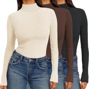 Ekouaer 여성 3팩 터틀넥 셔츠 골지 보온 속옷 상의 경량 긴 소매 레이어 티 베이직 풀오버 블라우스