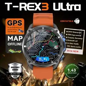 호환  2026New 남성용 군용 GPS 지도 스마트 시계 T-Rex3 나침반 4GB 메모리 1000mAh 배터리 10ATM 방수 HD