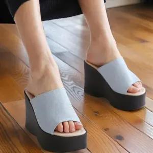 [신상오픈런]여성용 일상용 키높이 플랫폼 오픈토 데님 샌들 (32967080)