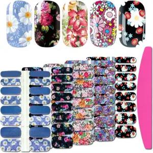 실펙위 5장 플라워 네일 폴리쉬 스트립 셀프 접착 스티커 풀 랩 아트 액세서리 1pc 파일 포함 여성용