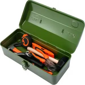 작업장용 손잡이가 있는 대형 금속 공구 보관함 하드웨어 부품용 뚜껑이 15인치 휴대용 케이스녹색