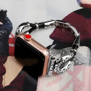 호환   워치 밴드용 스트랩 양가죽 로프 가죽 금속 팔찌 Correa iWatch 시리즈 5 4 3 Se 6 7 45mm 41mm 44m