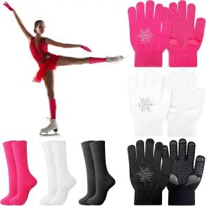 히카러 6쌍 피겨 스케이팅 장갑 양말 세트 스 따뜻한 겨울 미끄럼 방지 연습 대회용