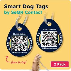 SeQR 스마트 개 고양이 태그 맞춤형 QR 코드 반려동물 ID 내구성 있는 아크릴 2팩 라운드 구독료 없음
