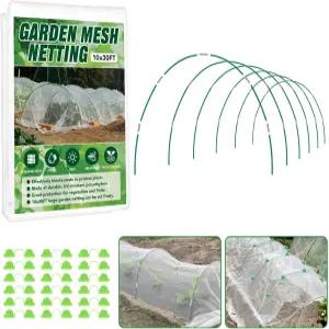 키 큰 침대용 정원 네팅 키트 10x30FT 초미세 메쉬 및 6세트 섬유 유리 후프 열용 곤충 커버 채소 꽃 보호