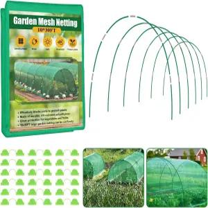 키 큰 침대를 위한 정원 메시 네팅 키트 10x30피트 그린 가든 6세트 섬유유리 후프 열 덮개 해충 차단 식물
