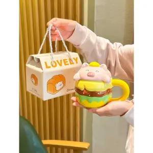 귀여운 햄버거 머그 커피컵 탕비실 사무실 홈카페 카페 컵+돼지 커버