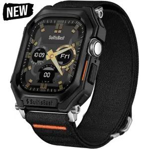 호환  워치 밴드 46mm 45mm 44mm용 메탈 케이스나일론 스트랩 밀리터리 충격 방지 보호 커버 아이워치 시리