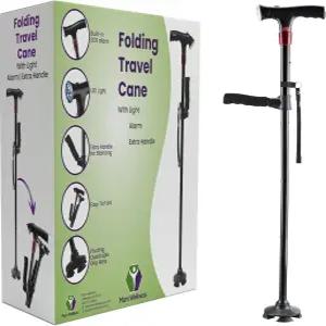 LED 조명이 있는 스마트 워킹 지팡이 - 접이식 조절 가능한 손전등 및 알람이 자립형 삼각대 여행 지원