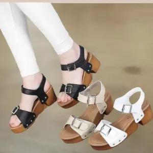 [신상오픈런]여성 가죽 더블 스트랩 통굽 샌들 (34223575)