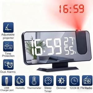 LED 디지털 프로젝션 알람 시계 USB 전자 천장 FM 라디오 포함 침실용 탁상