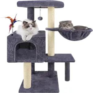 35.4 다기능 고양이 나무와 아늑한 해먹 및 매달린 공 활동 콘도 황마로 덮인 긁힘 기둥 회색
