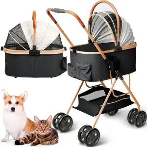 소형견 및 고양이용 반려동물 유모차 - 2-in-1 탈착식 캐리어 지퍼 없는 입구 수납 바구니가 있는 가벼운