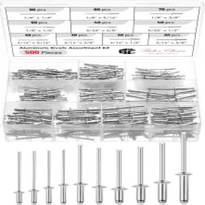 베이츠 팝 리벳 모음 키트 500개 10개 크기 1/8 3/16 5/32 실버 알루미늄 금속용 블라인드 박스