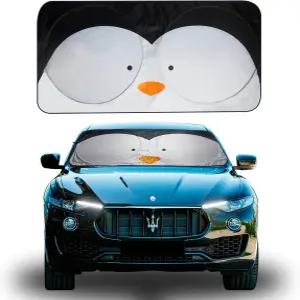 FH 그룹 FH1147 폴더블 펭귄 프린트 자동차 윈드실드 선쉐이드 - 대형(33.5 L x 63 W) 블랙 세단 SUV