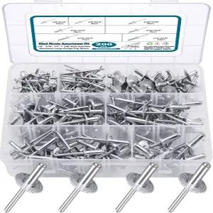 새탄텍 200PCS 팝 리벳 모음 키트 대형 플랜지 알루미늄 리벳1/8 3/16 1/4 케이스 포함 모듬 블라인드