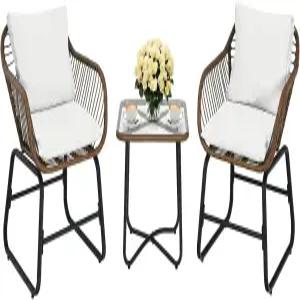 탕쿨라 3피스 파티오 비스트로 세트 파티오조이 야외 체육 라탄 안락의자 및 커피 테이블 편안한 쿠션과